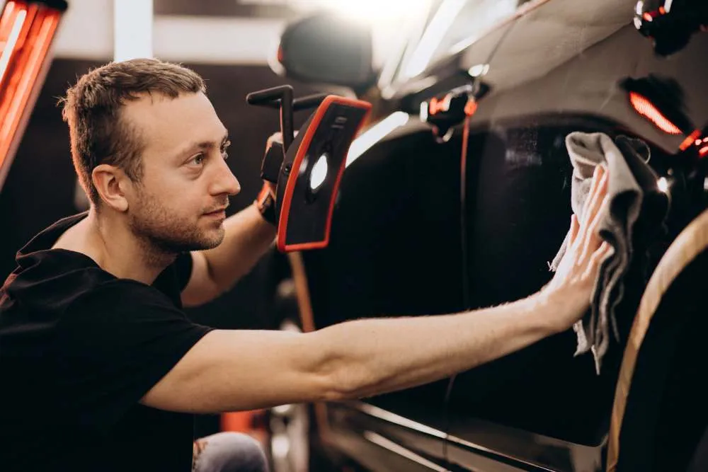 a man appyling ceramic coating on a black car